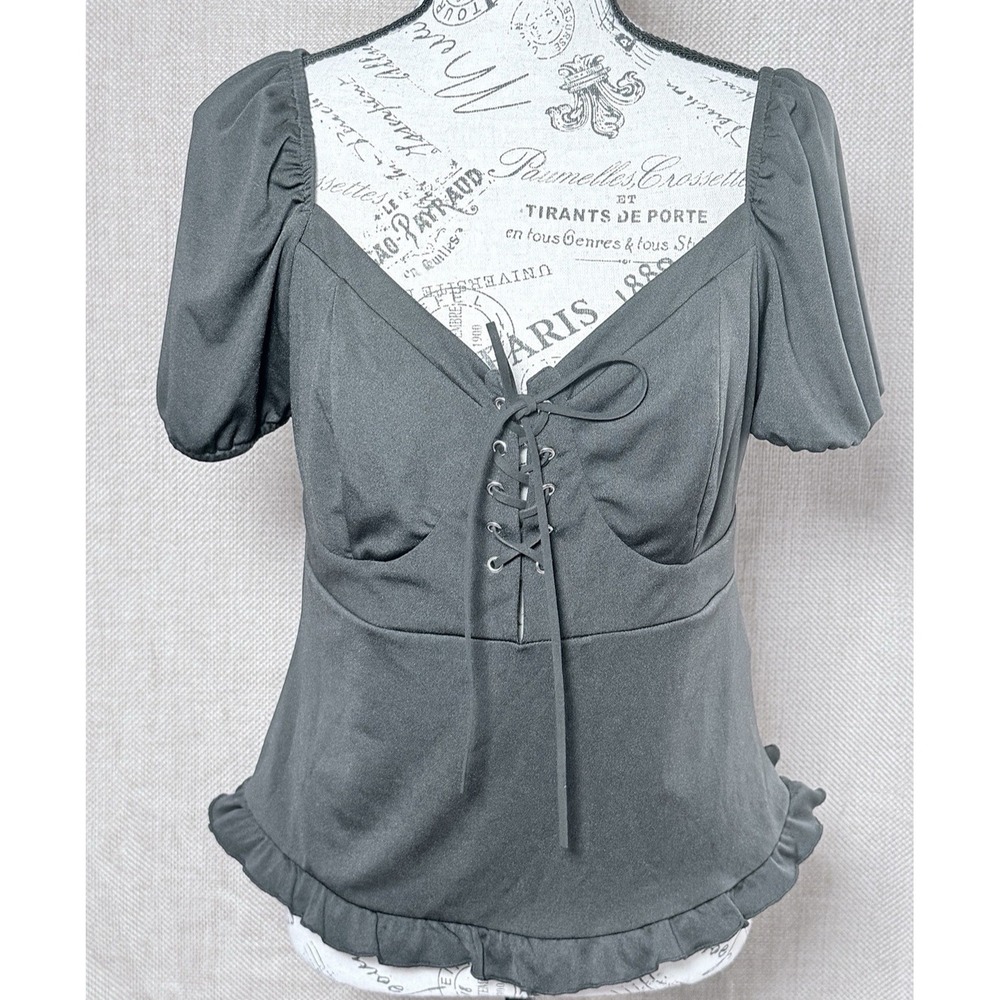 Scarlett Darkness Lace Up Top LG Black Corset Peplum Puff Sleeve Ruffle Hem Goth